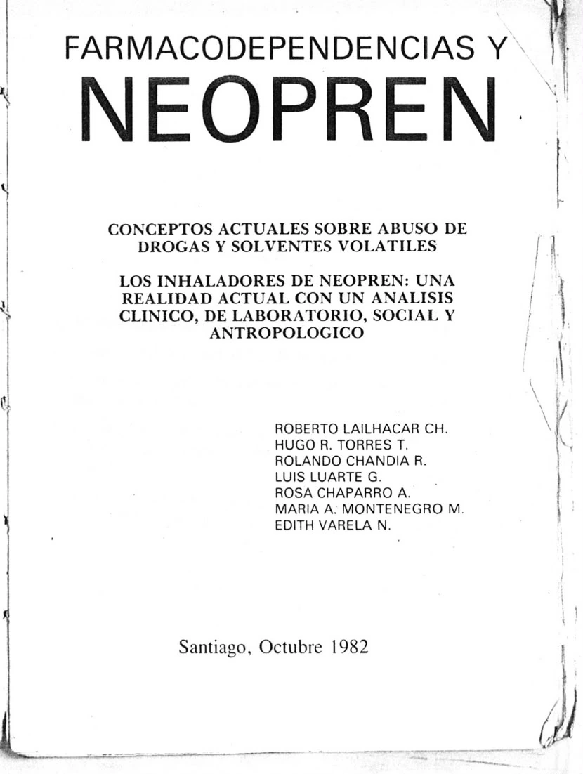Portada de Farmacodependencias y Neopren, Santiago, octubre de 1982, con Rolando Chandía R. entre sus autores